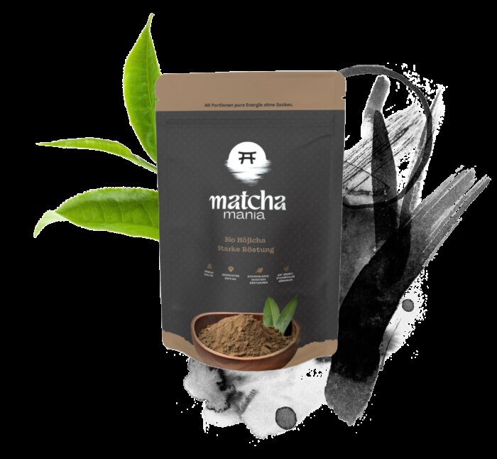 Matcha Mania Produkte Bio Hojicha Geroesteter Matcha 80g Beutel Detail