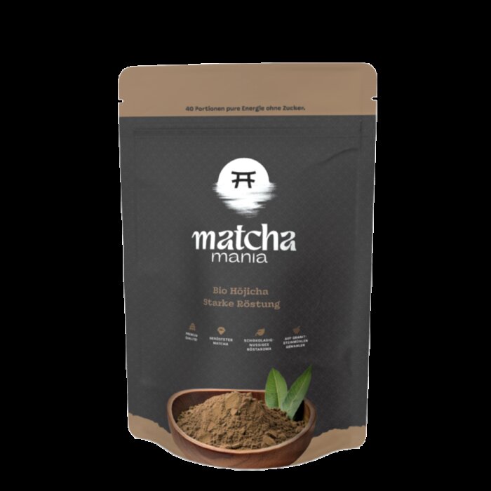 Matcha Mania Produkte Bio Hojicha Geroesteter Matcha 80g Beutel